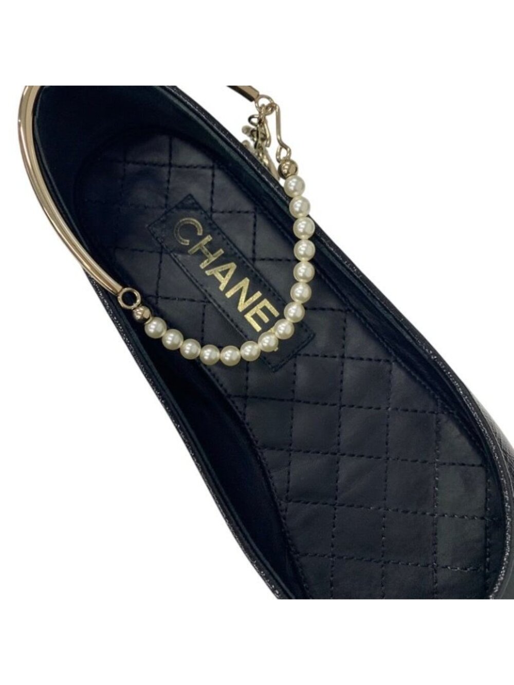 Chanel Flat Shoes Leather Black Gold Ballet Ballerina Coco Mark Pearl - Picture 7 of 10